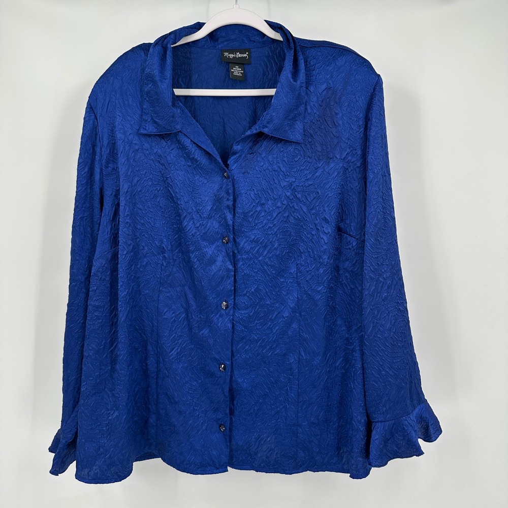 Maggie Barnes Womens Textured Boho Button Top Sz 3X Artsy Ruffle Cuff Royal Blue